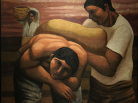Mario Mollari (1930-2010), Hombres cargando bolsas, óleo sobre tela, 112 x 110 cm., 1975